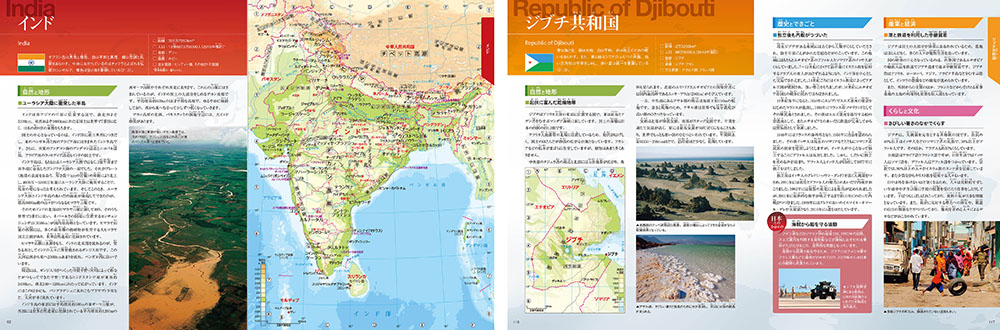 1巻アジア州から「インド」、2巻アフリカ州から「ジブチ」のページを例示