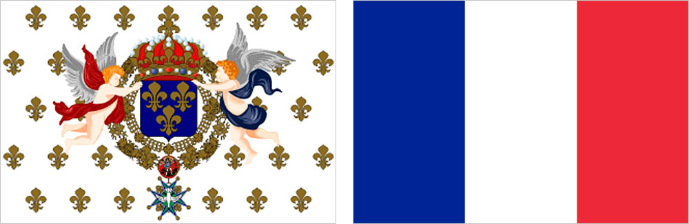 （左）フランス革命以前のフランス王国国旗／（右）1794年に制定されたフランス国旗