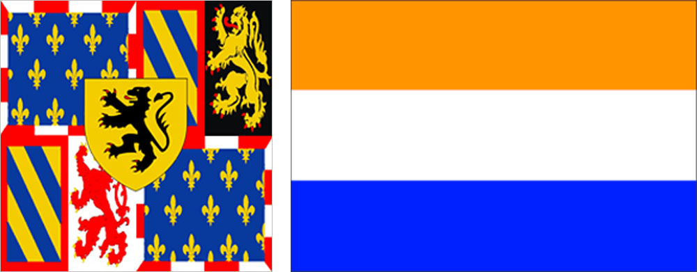 （左）オランダの独立以前、スペイン領ネーデルラント時代の旗 ／（右）オランダ独立当時の国旗（1581年制定）。オレンジ色の部分はのちに赤に変更